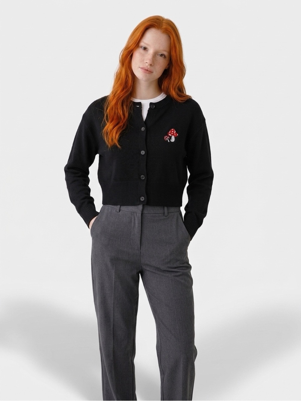 Black Cropped Cardigan with Red Mushroom Embroider